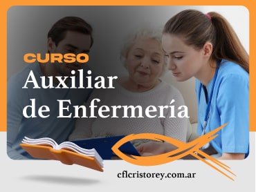 Imagen de un curso titulado 'Curso Auxiliar de Enfermería'. En la imagen se incluye el texto 'CUI Auxiliar de Enfermería', junto con el sitio web 'cflcristorey.com.ar'.