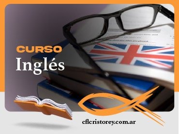 Imagen de un curso titulado 'CURSO Inglés'. En la imagen, se destacan un par de gafas descansando sobre una pila de libros, uno de los cuales tiene la bandera del Reino Unido. El texto principal dice 'CURSO Inglés'. En la parte inferior, se encuentra la dirección web 'cflcristorey.com.ar'.