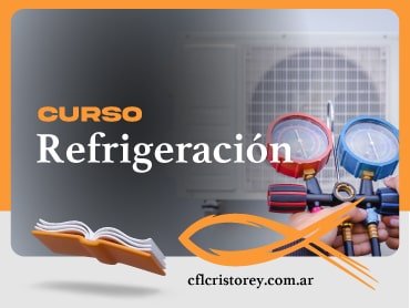 Imagen de un curso titulado 'CURSO Refrigeración'. La imagen presenta varios elementos destacados: un conjunto de manómetros de refrigeración, una herramienta utilizada para medir presión en sistemas de refrigeración; una unidad de aire acondicionado como fondo.