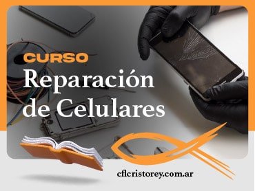 Imagen de un curso de Reparación de Celulares. La imagen muestra un par de manos con guantes sosteniendo un smartphone con la pantalla agrietada. En el fondo se observan herramientas y componentes utilizados en la reparación de celulares, como cables y un teléfono desarmado. El texto en la imagen incluye: 'CURSO Reparación de Celulares cflcristorey.com.ar'.