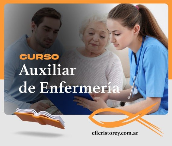 Imagen de un curso titulado 'Curso Auxiliar de Enfermería'. En la imagen se incluye el texto 'CUI Auxiliar de Enfermería', junto con el sitio web 'cflcristorey.com.ar'.