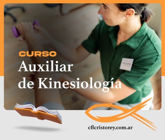 Imagen de un curso titulado 'Auxiliar de Kinesiología'. La imagen muestra a una persona con camisa verde asistiendo a otra persona en un ejercicio o terapia para el brazo. En el texto se lee: 'CURSO Auxiliar de Kinesiología cflcristorey.com.ar'.