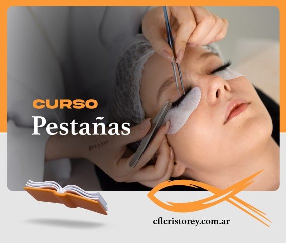 Imagen de un curso de aplicación de pestañas. El texto principal dice: 'CURSO Pestañas' y está acompañado por el sitio web 'cflcristorey.com.ar'.