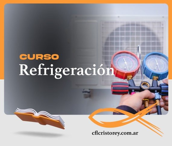 Imagen de un curso titulado 'CURSO Refrigeración'. La imagen presenta varios elementos destacados: un conjunto de manómetros de refrigeración, una herramienta utilizada para medir presión en sistemas de refrigeración; una unidad de aire acondicionado como fondo.