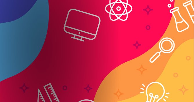 La imagen contiene varios íconos relacionados con la ciencia y la educación sobre un fondo colorido. Los íconos incluyen un monitor de computadora, un símbolo de átomo, dos matraces, una lupa, una bombilla y un par de reglas. El fondo presenta un degradado de colores que pasa de azul a rojo y naranja, con pequeñas formas similares a estrellas dispersas por todo el diseño.