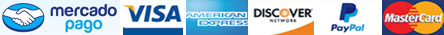 La imagen presenta varios logotipos de métodos de pago populares, alineados horizontalmente. De izquierda a derecha, los logotipos representados son: Mercado Pago, Visa, American Express, Discover Network, PayPal y MasterCard.